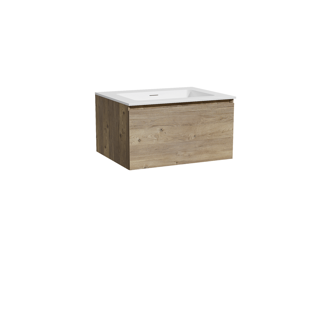 Storke Edge hängendes Möbelstück Set: 65 x 52 cm, Rohe Eiche, mit Mata Einzelwaschtisch, Solid Surface Weiß matt