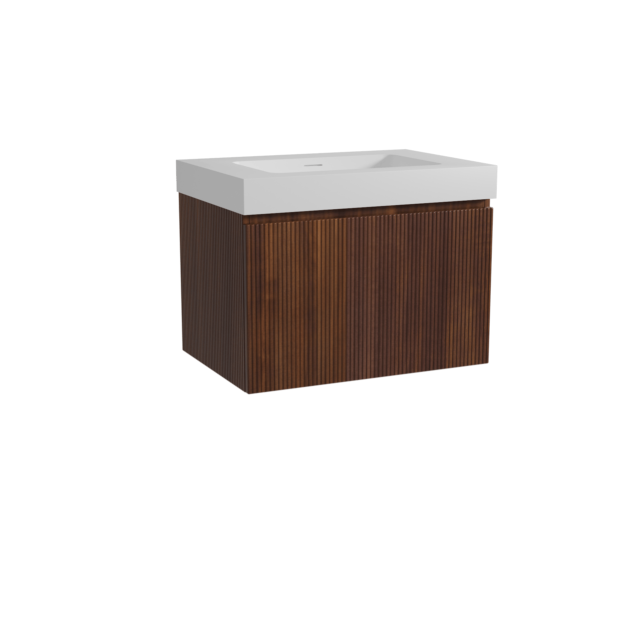 Storke Ribs hängendes Möbelstück Set: 75 x 52 cm, Nussbaum, mit Mata High Einzelwaschtisch, Solid Surface, Weiß matt, Vertikale symmetrische gerade Rippe