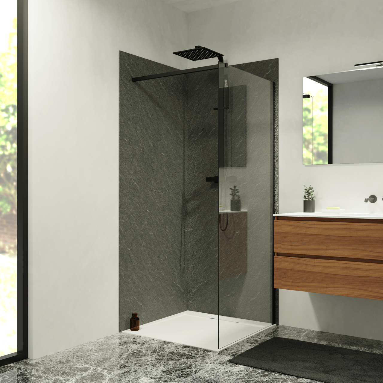 Balmani Zeno set douchewandbekleding 80 x 80 x 220 cm composietmarmer donkergrijs leisteenstructuur