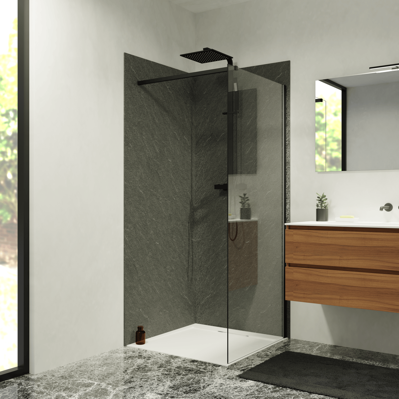 Balmani Zeno set douchewandbekleding 80 x 80 x 220 cm composietmarmer donkergrijs leisteenstructuur