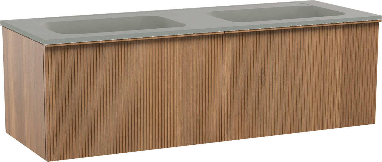 Balmani Forma zwevend badmeubel 150 x 55 cm teakhout met Tablo Strada dubbele wastafel in composietmarmer zijdegrijs, Verticale symmetrische rechte ribbel