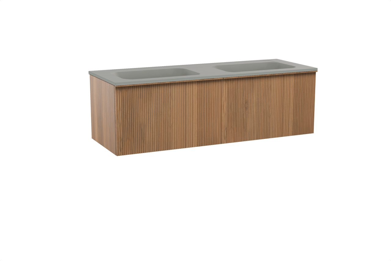 Balmani Forma zwevend badkamermeubel 150 x 55 cm teak met Tablo Strada dubbele wastafel in composietmarmer zijdegrijs, Verticale symmetrische rechte ribbel