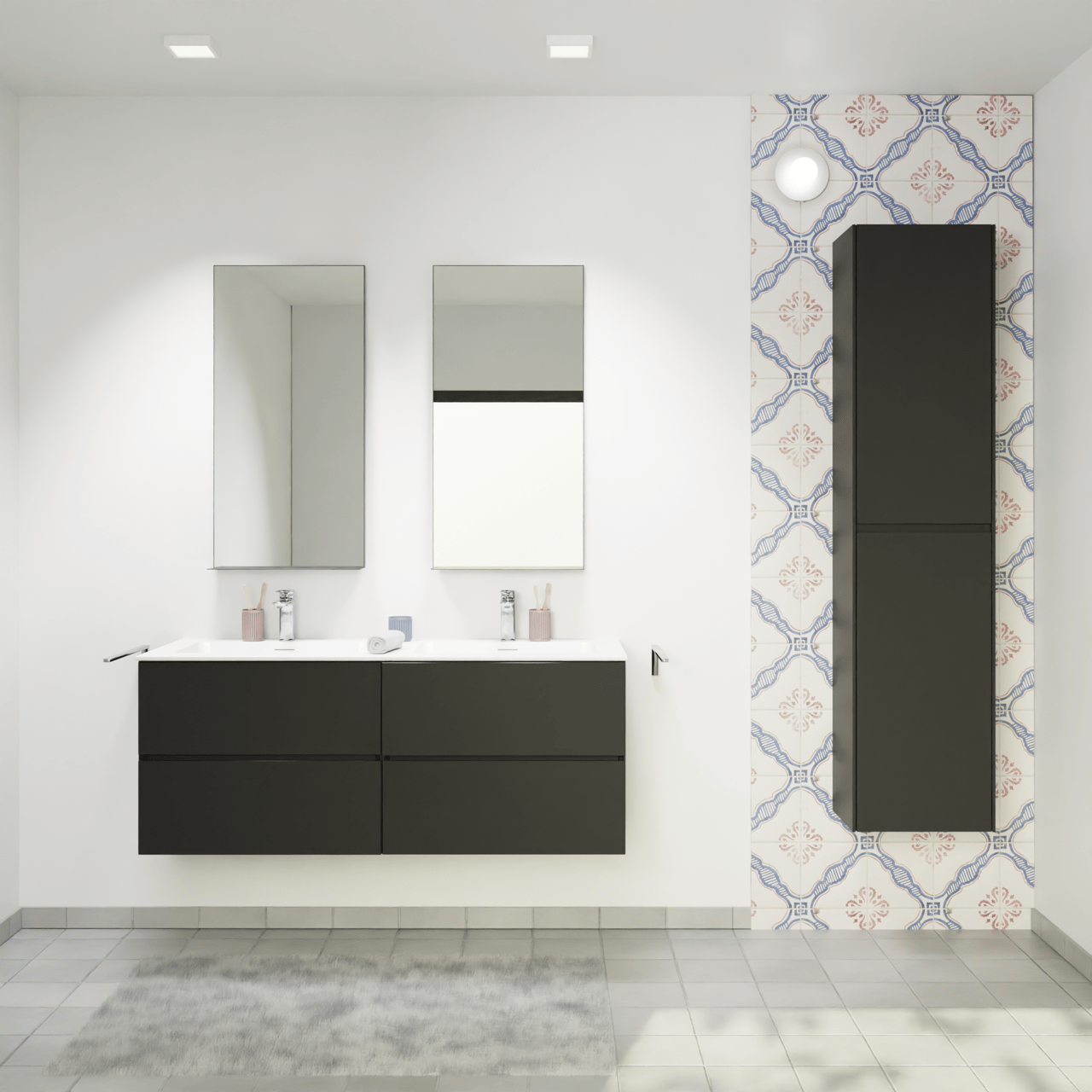 Storke Edge meuble salle de bains suspendu 130 x 52 cm noir mat avec Mata double vasque en solid surface blanc mat