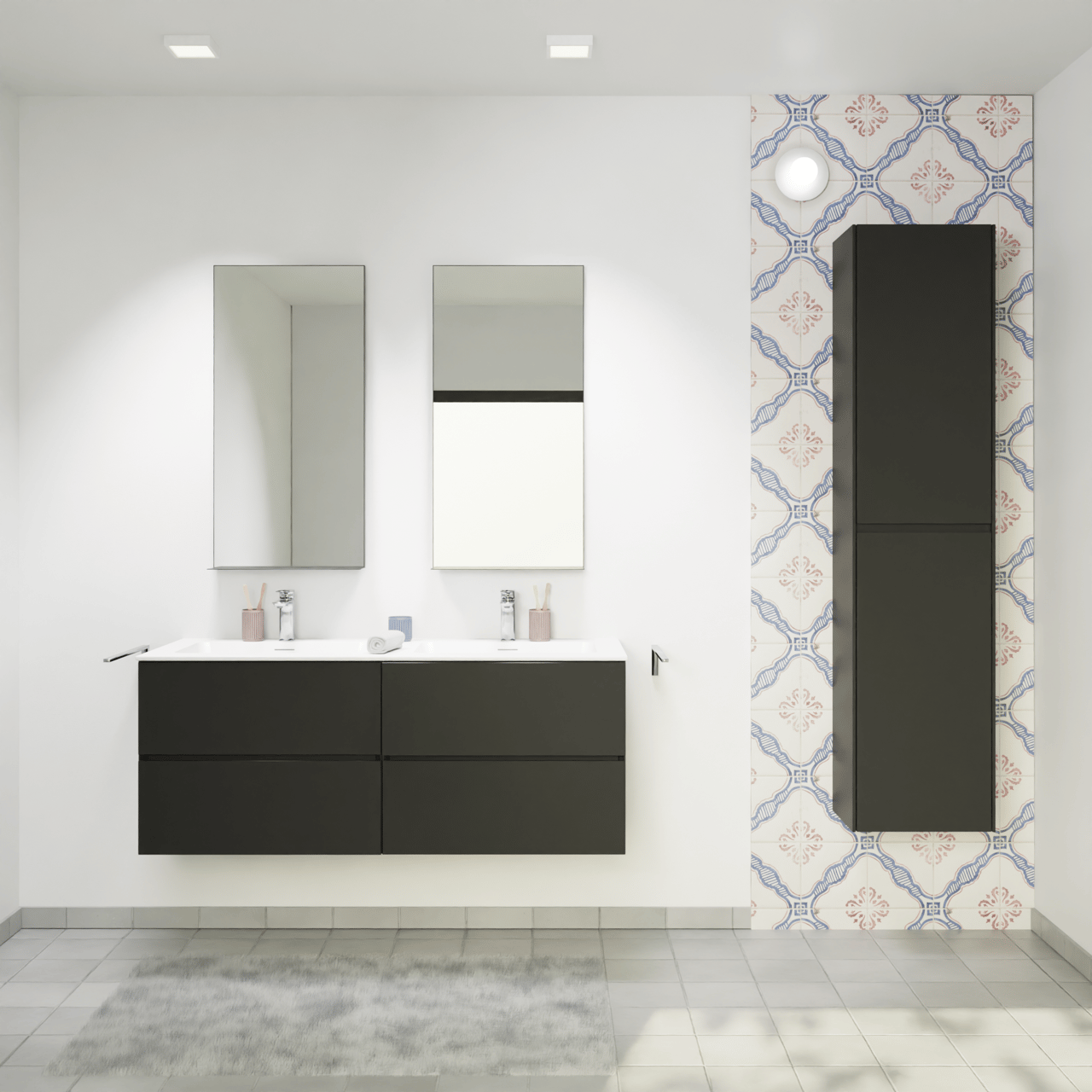 Storke Edge meuble salle de bains suspendu 130 x 52 cm noir mat avec Mata double vasque en solid surface blanc mat