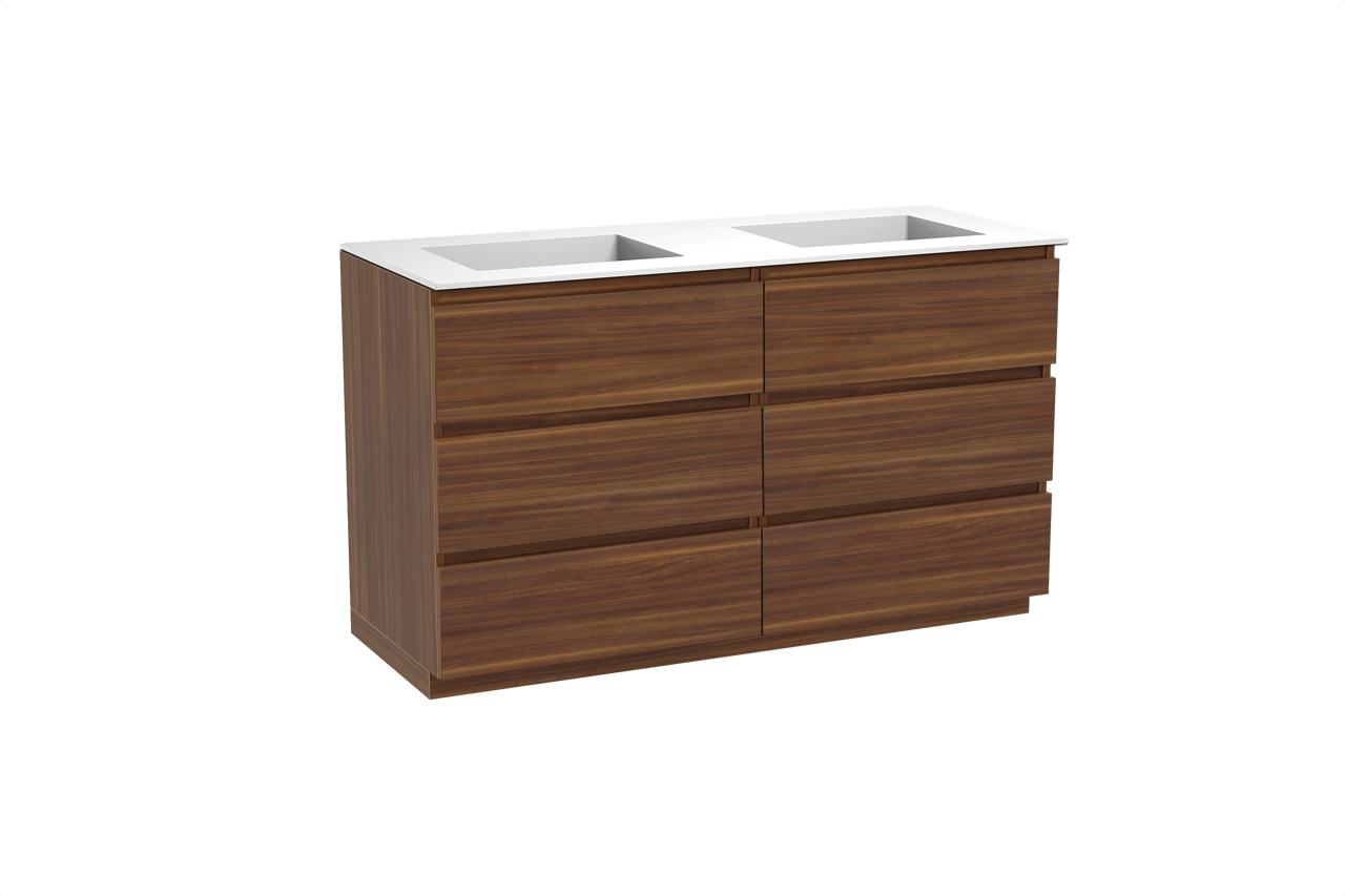 Balmani Lucida staand badkamermeubel 135 x 55 cm amerikaanse notelaar met Tablo Stretto dubbele wastafel in solid surface mat wit