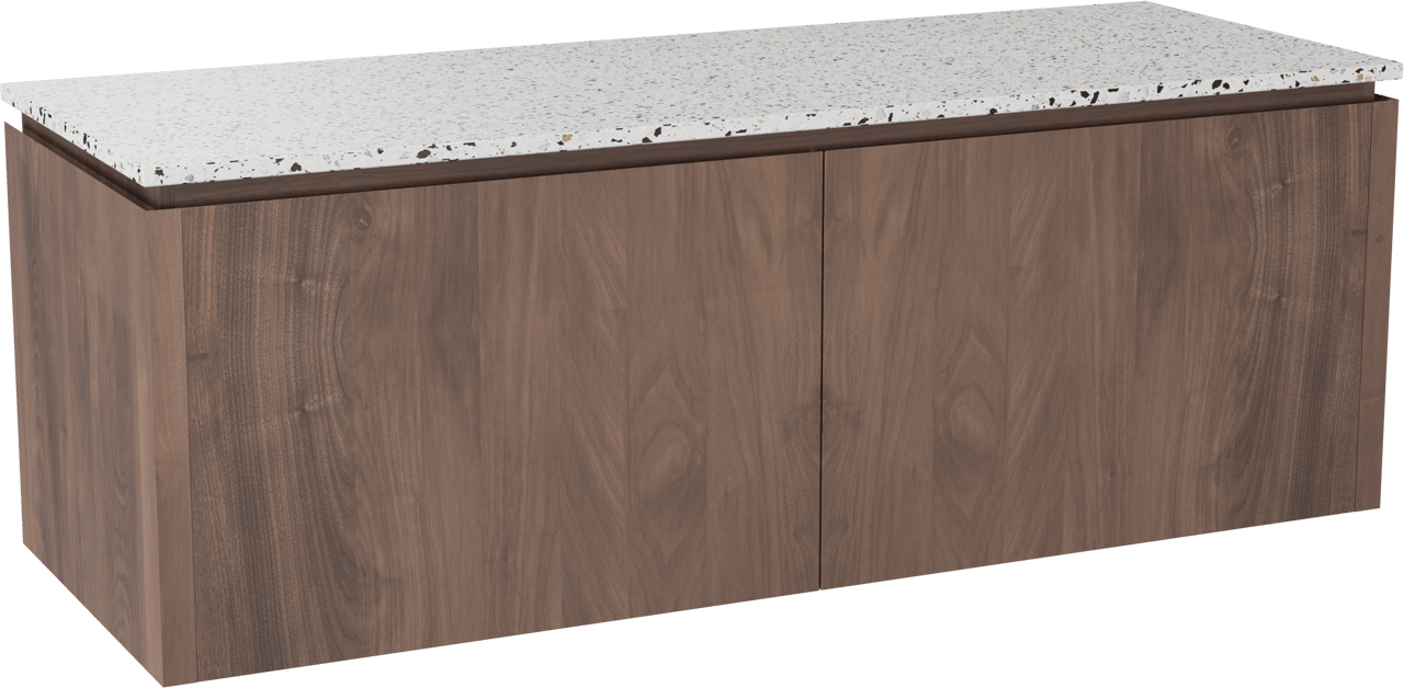 Balmani Eclips hängendes Möbelstück Set: 150 x 55 cm, Amerikanischer Nussbaum, mit Stretto Einzel- oder Doppel Waschtischplatte Bianco Nero Terrazzo