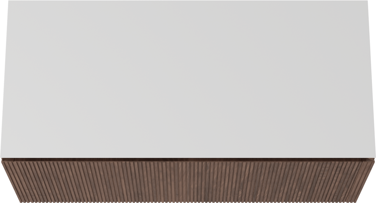 Balmani Eclips zwevend badkamermeubel 120 x 55 cm Amerikaanse notelaar met Eclips enkel of dubbel tablet in Solid Surface mat wit, Verticale symmetrische rechte ribbel