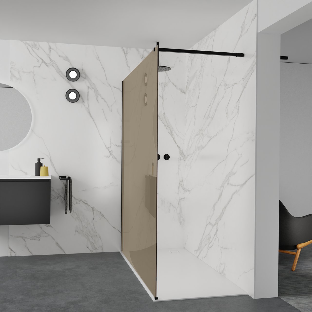 Balmani Modular Walk-In Dusche: 180 x 200 cm, Bronze Glas, inklusive Coating, Profil Schwarz matt
