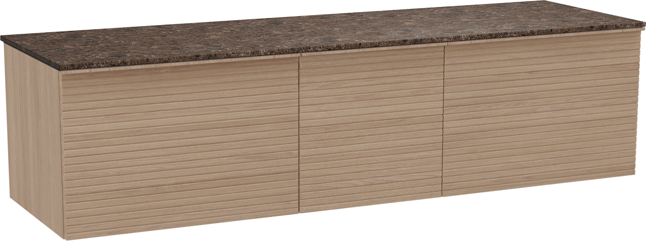 Balmani Forma zwevend badkamermeubel 180 x 55 cm natuur eik met Stretto enkel of dubbel tablet in marmer dark emperador, Horizontale symmetrische rechte ribbel