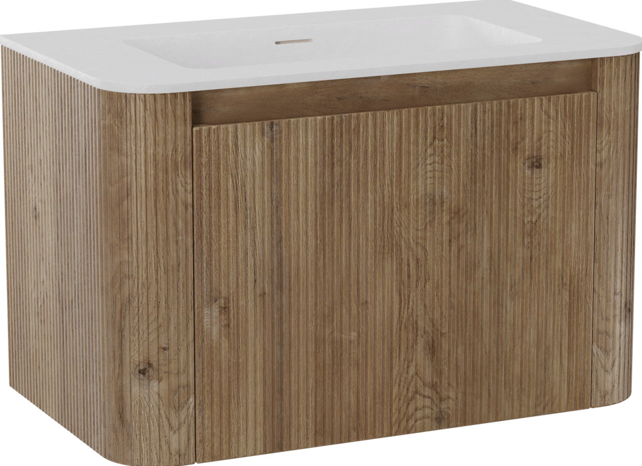 Storke Soft meuble salle de bains suspendu 80 x 46 cm chêne brut avec Mata Soft plan simple en Solid Surface blanc mat, Nervure droite symétrique verticale