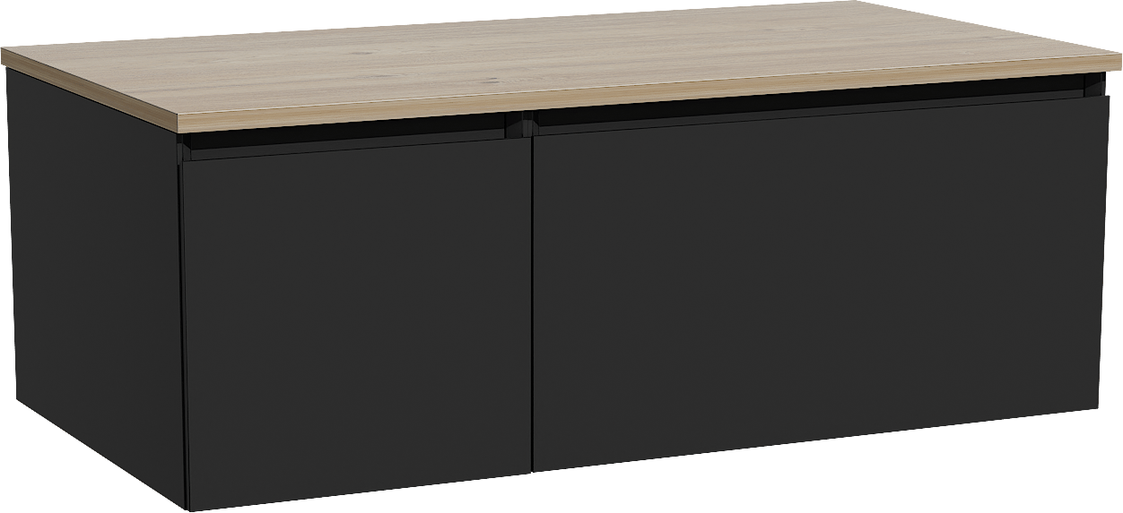 Storke Edge hängendes Möbelstück Set: 100 x 52 cm, Schwarz matt, mit Panton Einzel Waschtischplatte, Melamin Rohe Eiche