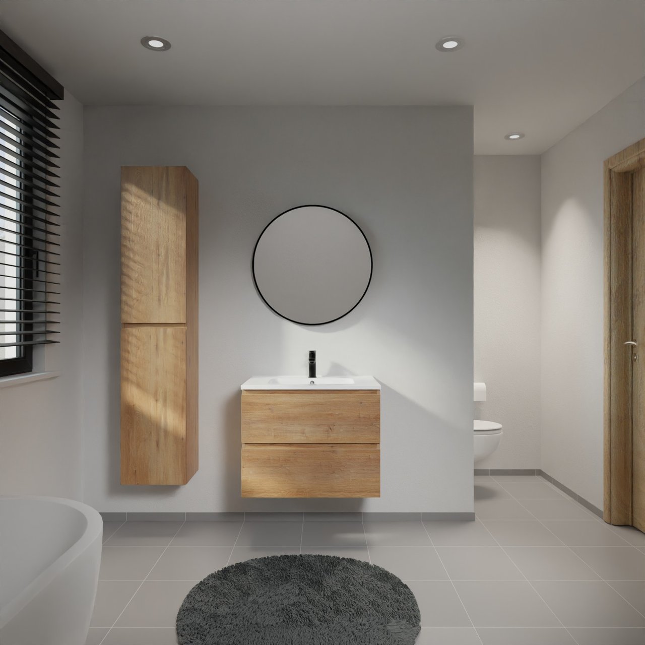 Linie Lado meuble salle de bains suspendu 70 x 46 cm chêne naturel avec Vano plan simple en marbre composite blanc brillant