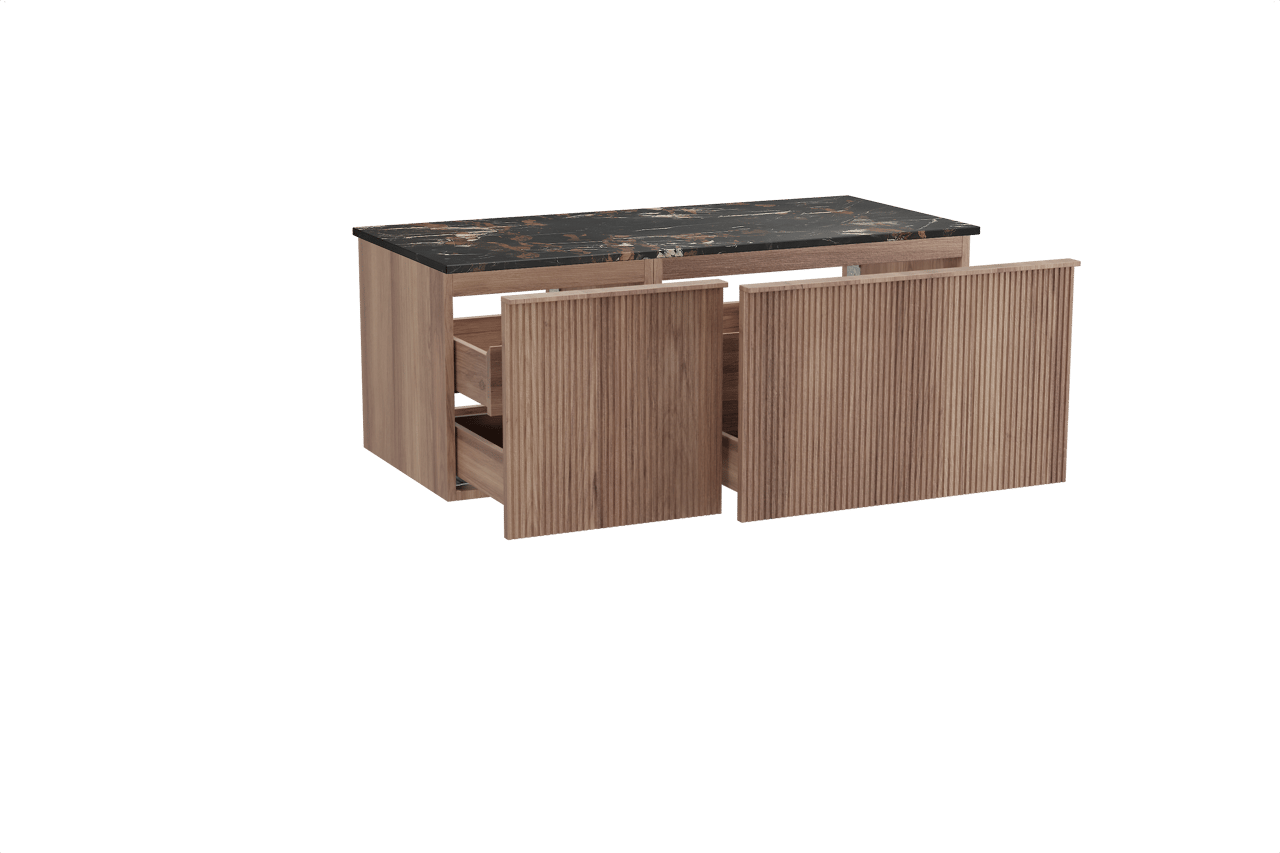 Balmani Forma zwevend badmeubel 120 x 55 cm teakhout met Stretto enkel wastafelblad in marmer portoro gold, Verticale symmetrische rechte ribbel