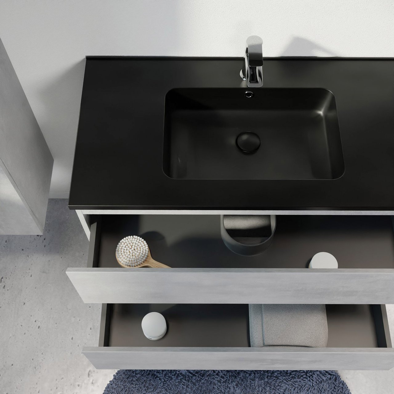 Linie Lado zwevend badmeubel 80 x 46 cm beton donkergrijs met Vano enkele wastafel in composietmarmer mat zwart