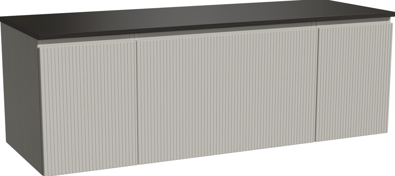 Storke Ribs zwevend badmeubel 145 x 52 cm zijdegrijs met Panton enkel of dubbel wastafelblad in gepoedercoate mdf mat zwart, Verticale symmetrische rechte ribbel