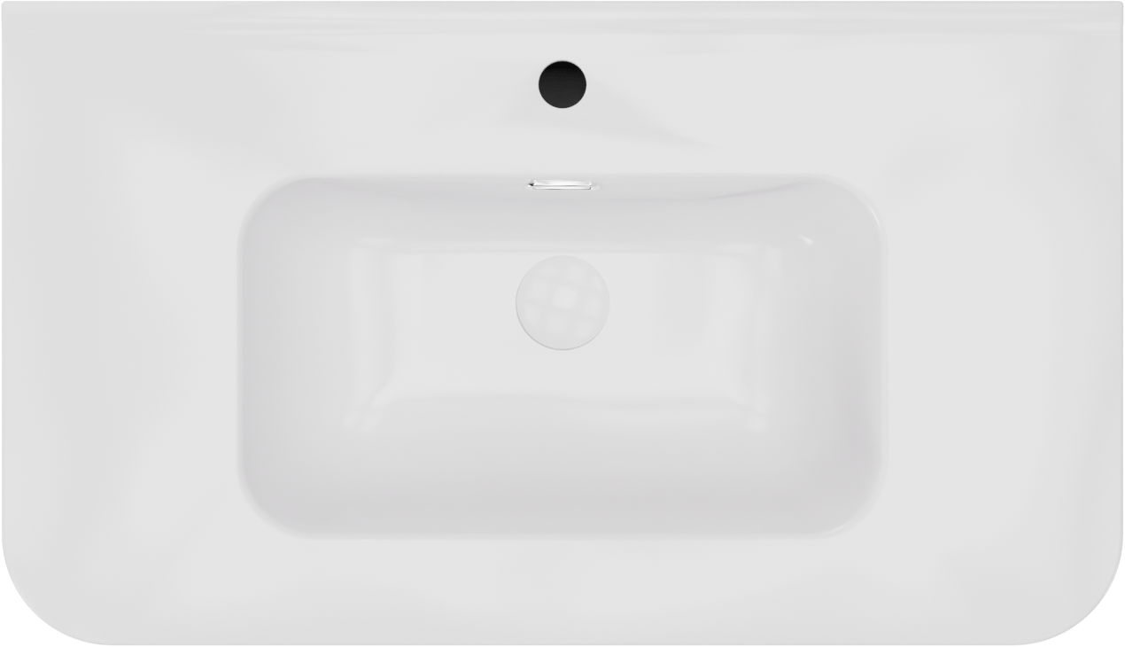 Storke Soft hängendes Möbelstück Set: 80 x 46 cm, Nussbaum, mit Kera Soft Einzelwaschtisch Keramik Weiβ glänzend, Vertikale symmetrische gerade Rippe