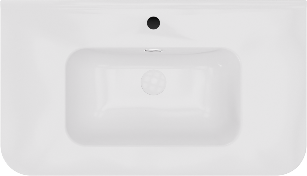 Storke Soft meuble salle de bains suspendu 80 x 46 cm noyer avec Kera Soft plan simple en porcelaine blanc brillant, Nervure droite symétrique verticale