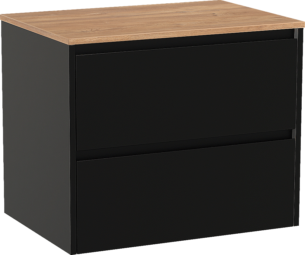 Storke Seda zwevend badmeubel 75 x 52 cm mat zwart met Panton enkel wastafelblad in melamine ruw eiken