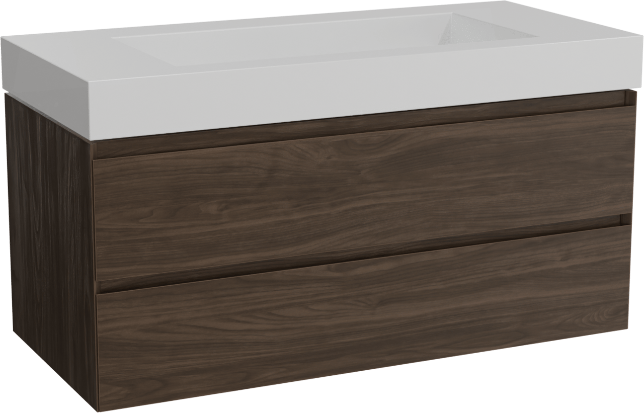 Balmani Mitra hängendes Möbelstück Set: 120 x 55 cm, Amerikanischer Nussbaum, mit Modus Einzelwaschtisch für 2 Armaturenlöcher, Solid Surface Weiß matt