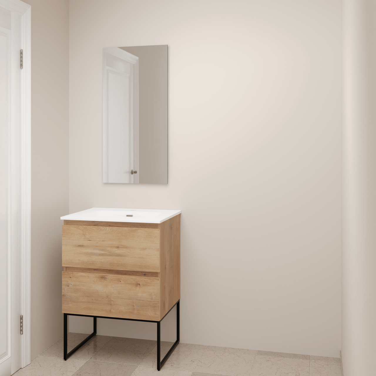 Linie Lado staand badkamermeubel 60 x 46 cm natuur eik met Baro enkele wastafel in porselein glanzend wit met Lado decoratieve frame en Soto badkamerspiegel