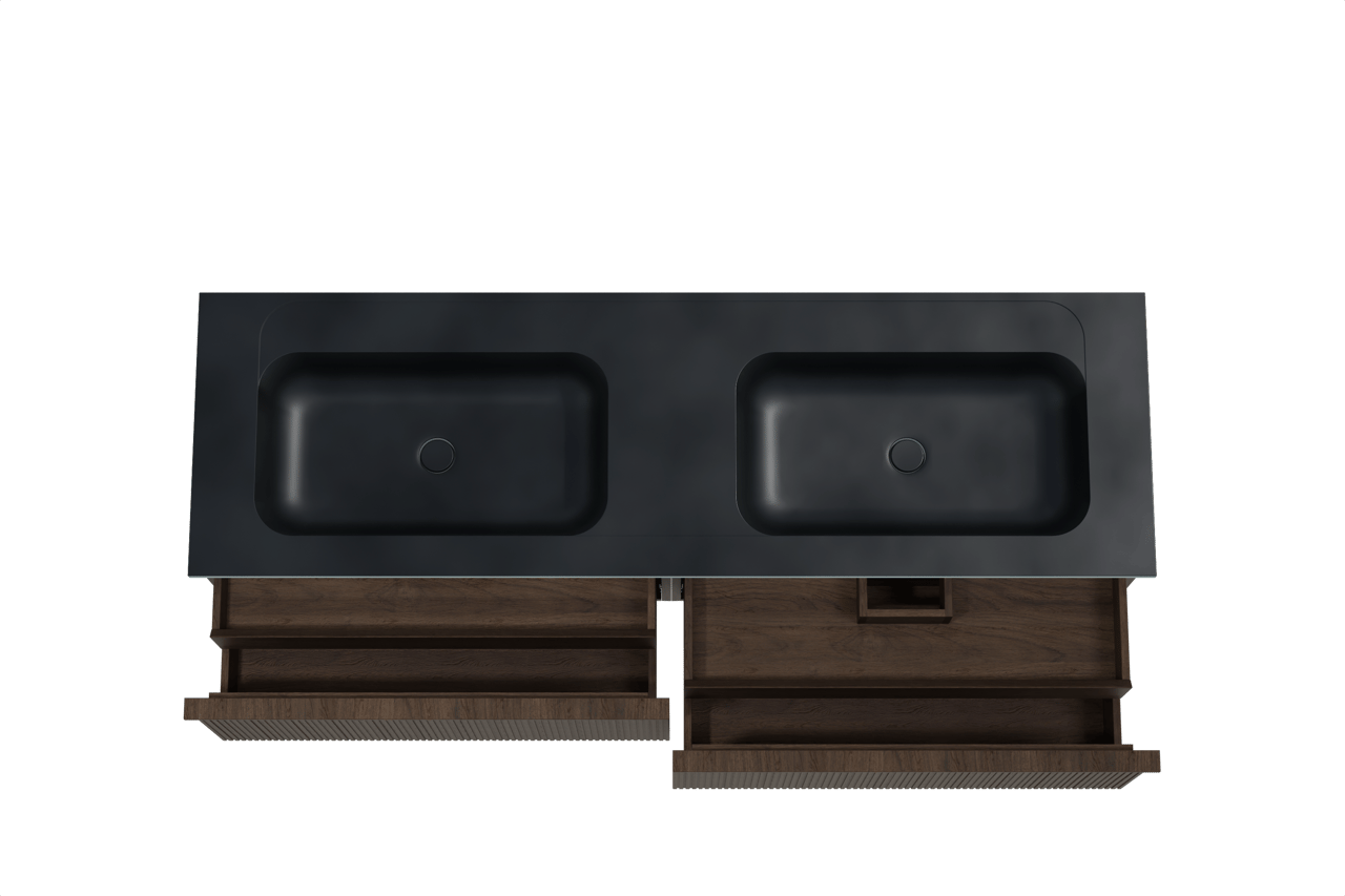 Balmani Forma meuble salle de bains suspendu 180 x 55 cm chêne fumé avec Tablo Strada double vasque en marbre composite noir mat, Nervure droite symétrique verticale