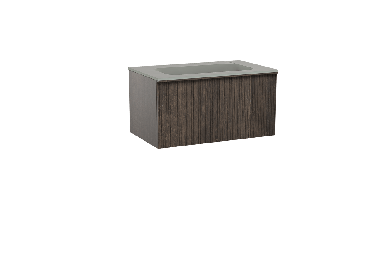 Balmani Forma meuble salle de bains suspendu 90 x 55 cm chêne fumé avec Tablo Strada plan simple en marbre composite soie grise, Nervure droite symétrique verticale