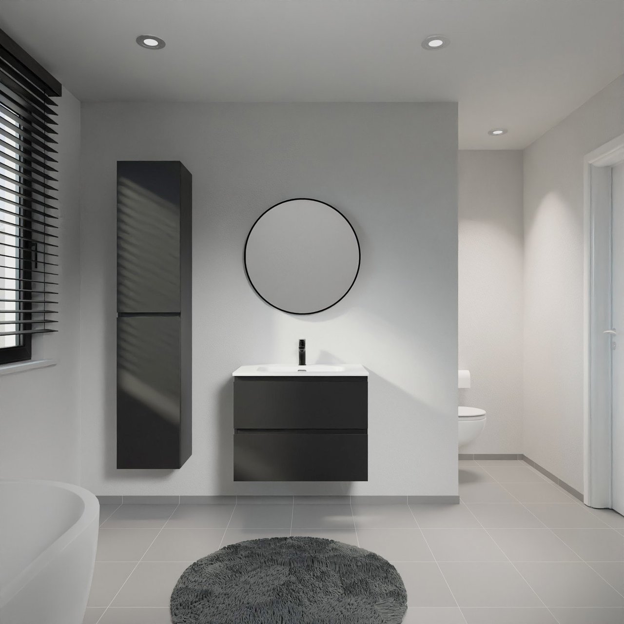 Linie Lado zwevend badkamermeubel 70 x 46 cm mat zwart met Baro enkele wastafel in porselein mat wit