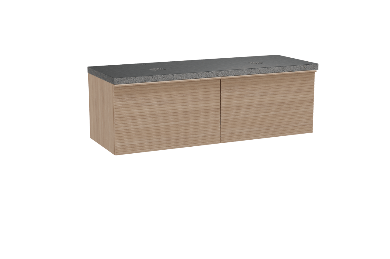 Balmani Forma hängendes Möbelstück Set: 150 x 55 cm, Naturbelassene Eiche, mit Rock Doppel Waschtischplatte, Granit, Schwarzes Granit, Horizontale symmetrische gerade Rippe