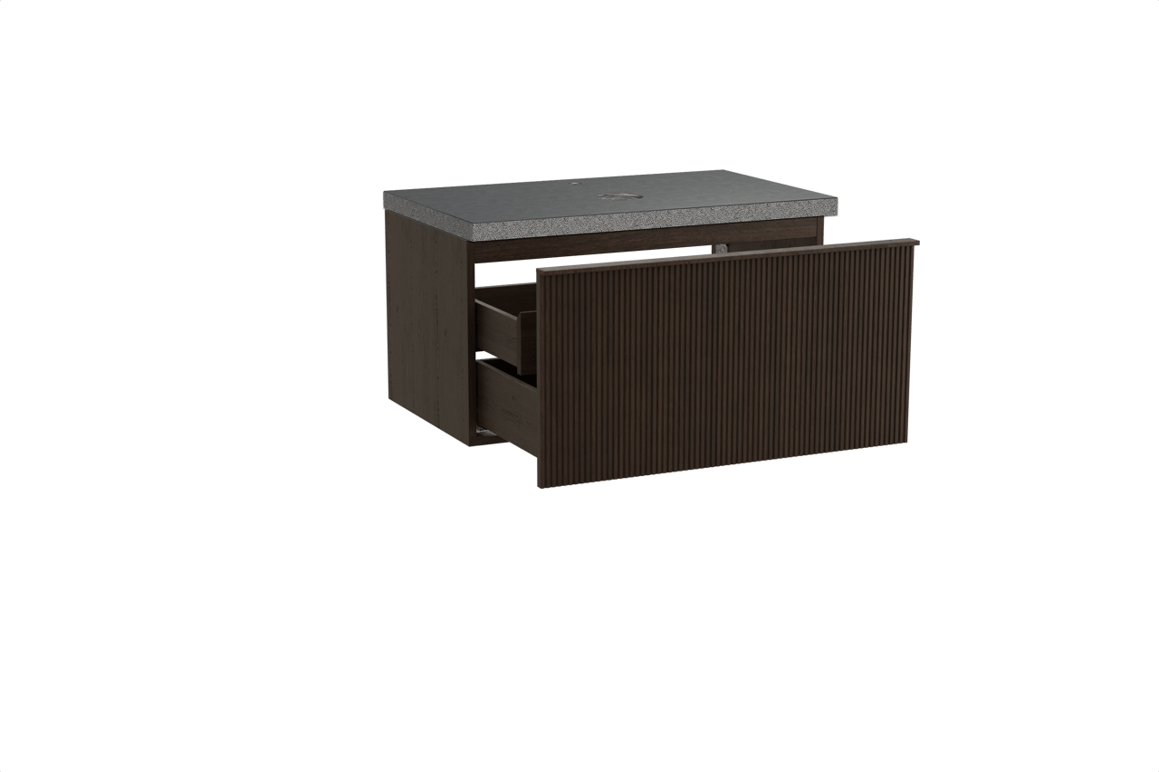 Balmani Forma hängendes Möbelstück Set: 90 x 55 cm, Geräucherte Eiche, mit Rock Einzel Waschtischplatte, Granit, Schwarzes Granit, Vertikale symmetrische gerade Rippe