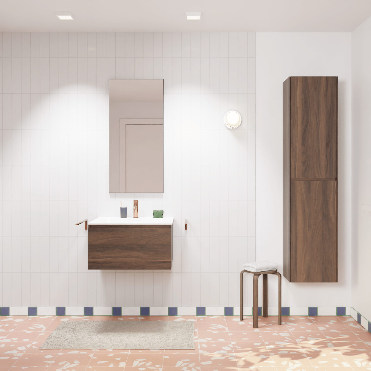 Storke Edge zwevend badmeubel 65 x 52 cm notenhout met Mata enkele wastafel in solid surface mat wit