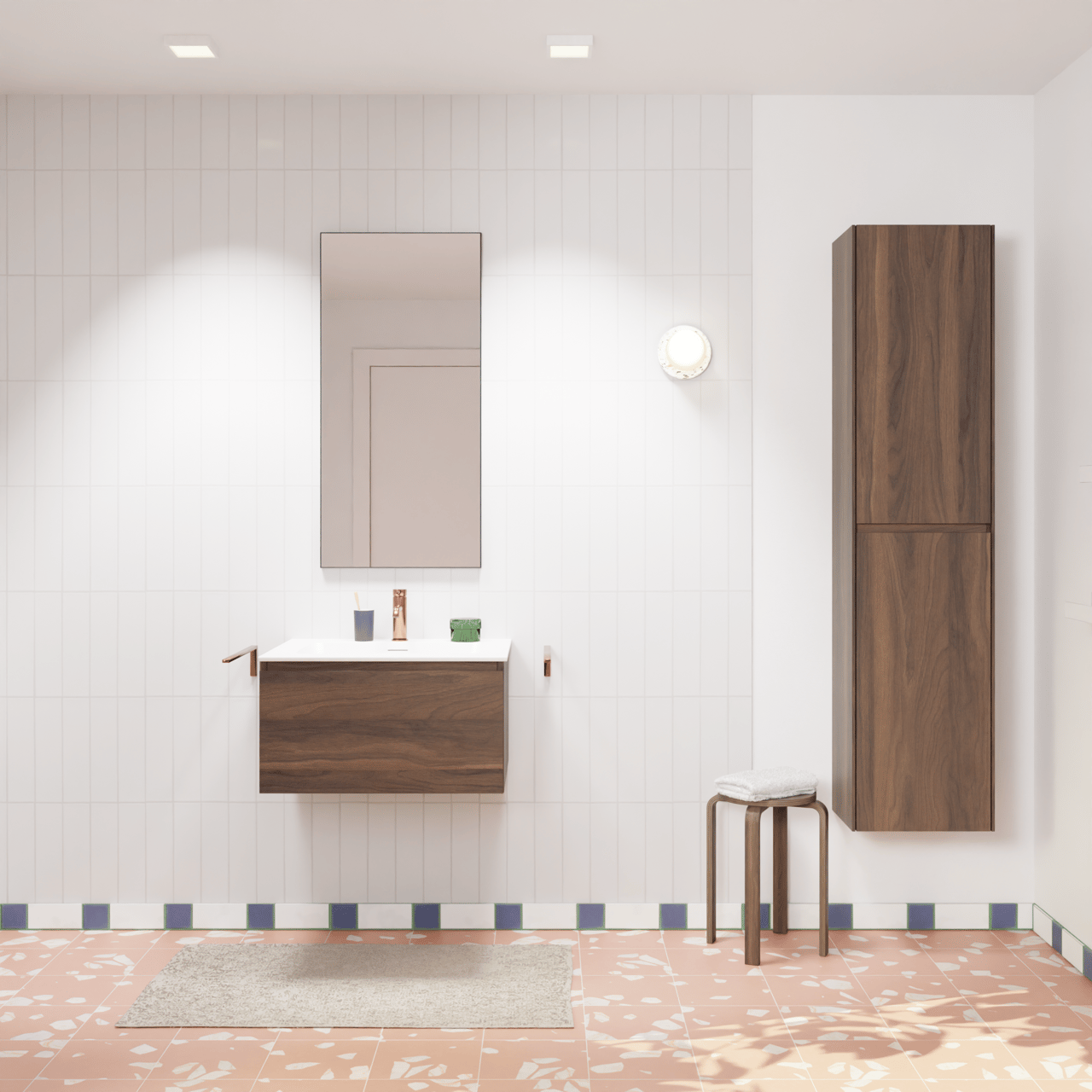 Storke Edge zwevend badkamermeubel 65 x 52 cm notelaar met Mata enkele wastafel in solid surface mat wit