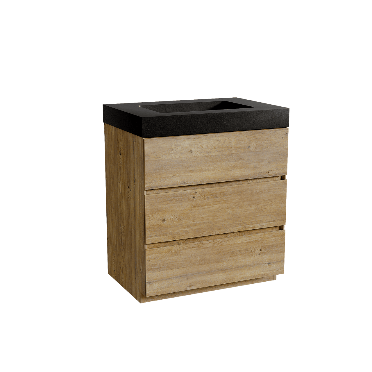 Storke Edge freistehendes Möbelstück Set: 75 x 52 cm, Rohe Eiche, mit Scuro High Einzelwaschtisch, Quarz Schwarz matt