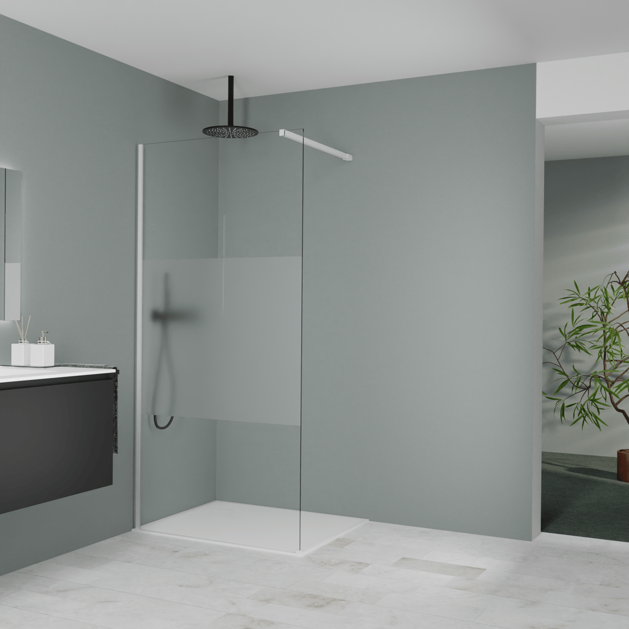 Balmani Modular douche à l'italienne: 100 x 200 cm, Verre transparent avec bande matte, Profil Blanc mat