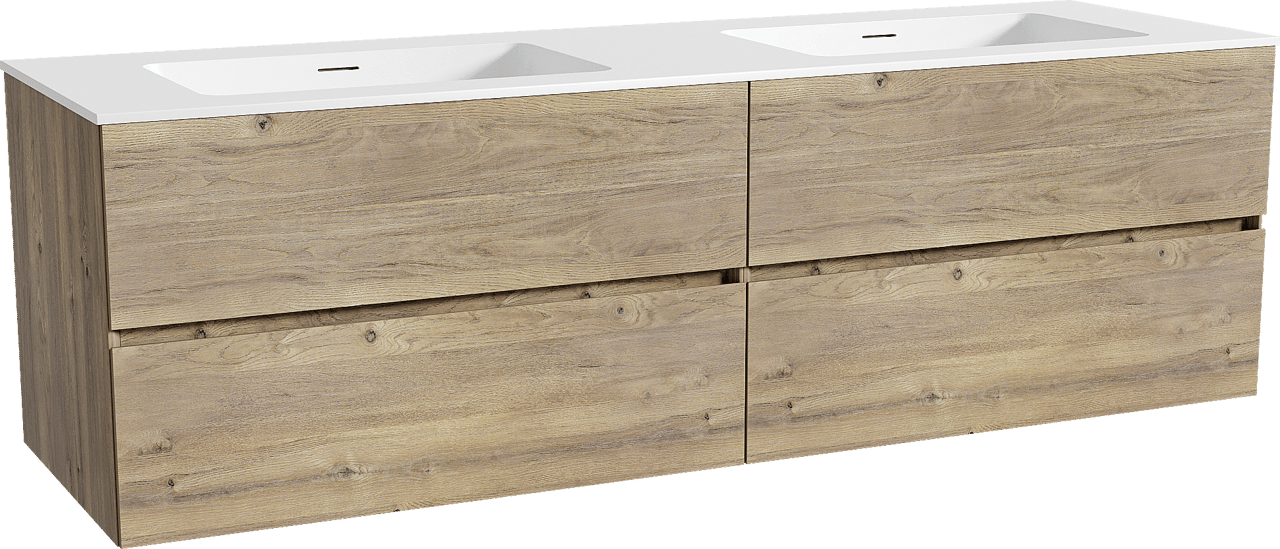 Storke Edge zwevend badkamermeubel 170 x 52 cm ruwe eik met Mata dubbele wastafel in solid surface mat wit