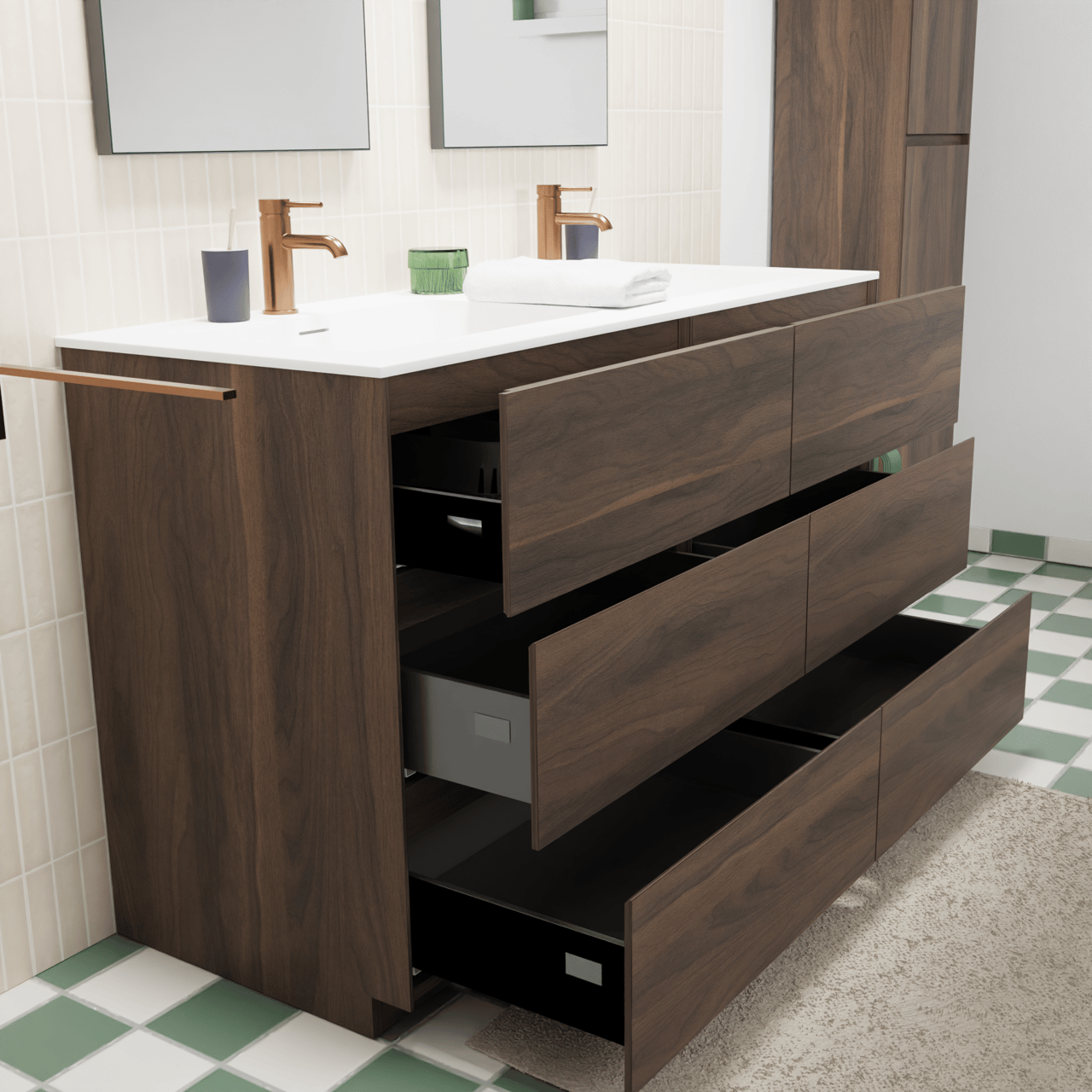 Storke Edge meuble salle de bains à poser 130 x 52 cm noyer avec Mata double vasque en solid surface blanc mat