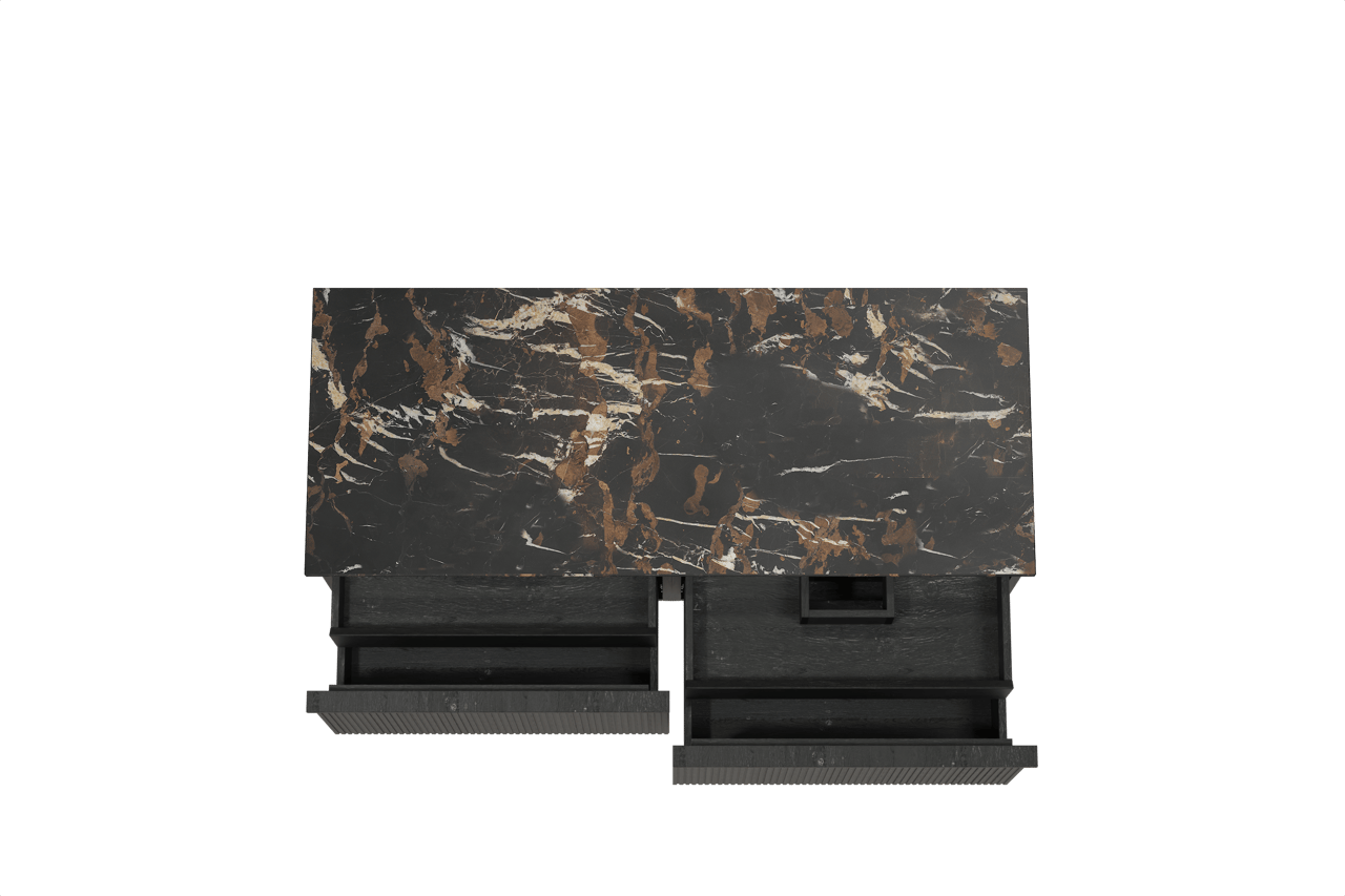 Balmani Forma meuble salle de bains suspendu 135 x 55 cm chêne noir avec Stretto tablette simple ou double en marbre portoro gold, Nervure droite symétrique verticale