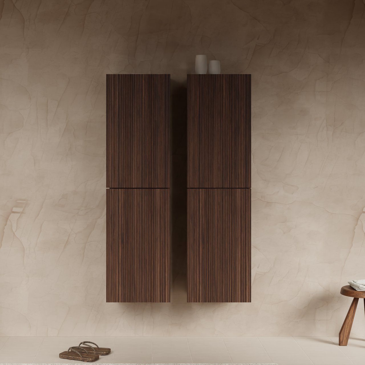 Balmani Forma Badhochschrank: Hängend, asymmetrische Rippen, Amerikanischer Nussbaum, 42 x 30 x 150 cm