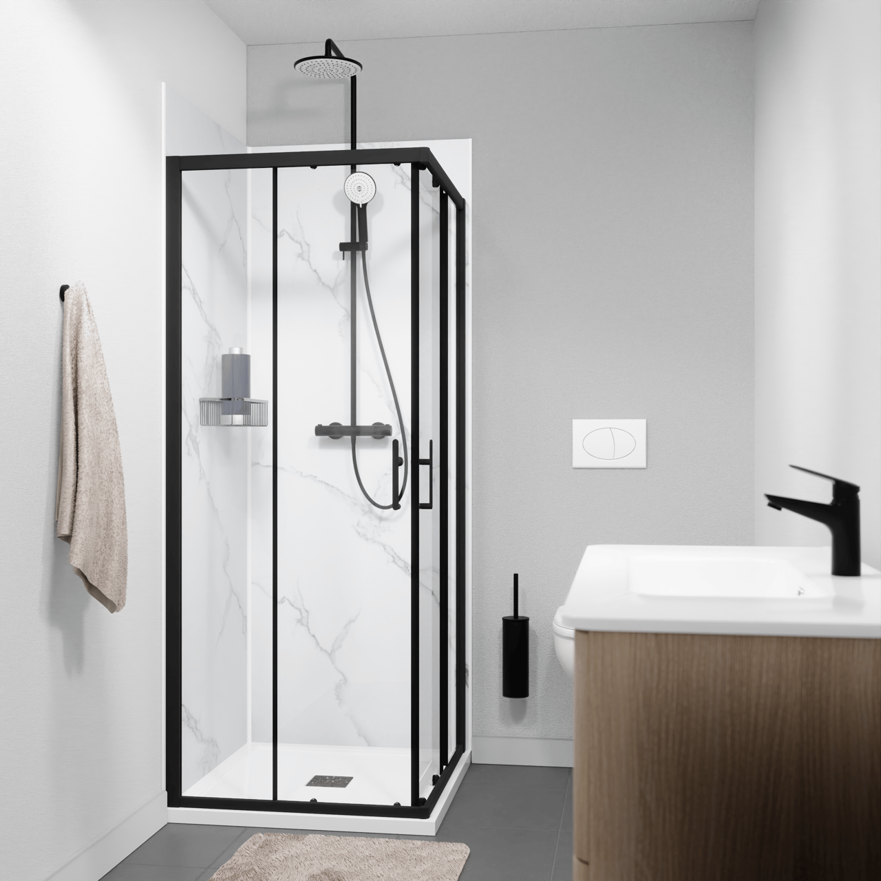 Linie Cadiz coin douche avec entrée d'angle avec double porte coulissante 80 x 80 cm Verre transparent profil noir mat