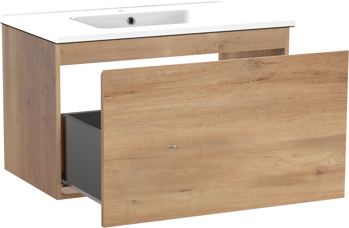 Linie Lado zwevend badmeubel 80 x 46 cm naturel eiken met Vano enkele wastafel in composietmarmer hoogglans wit