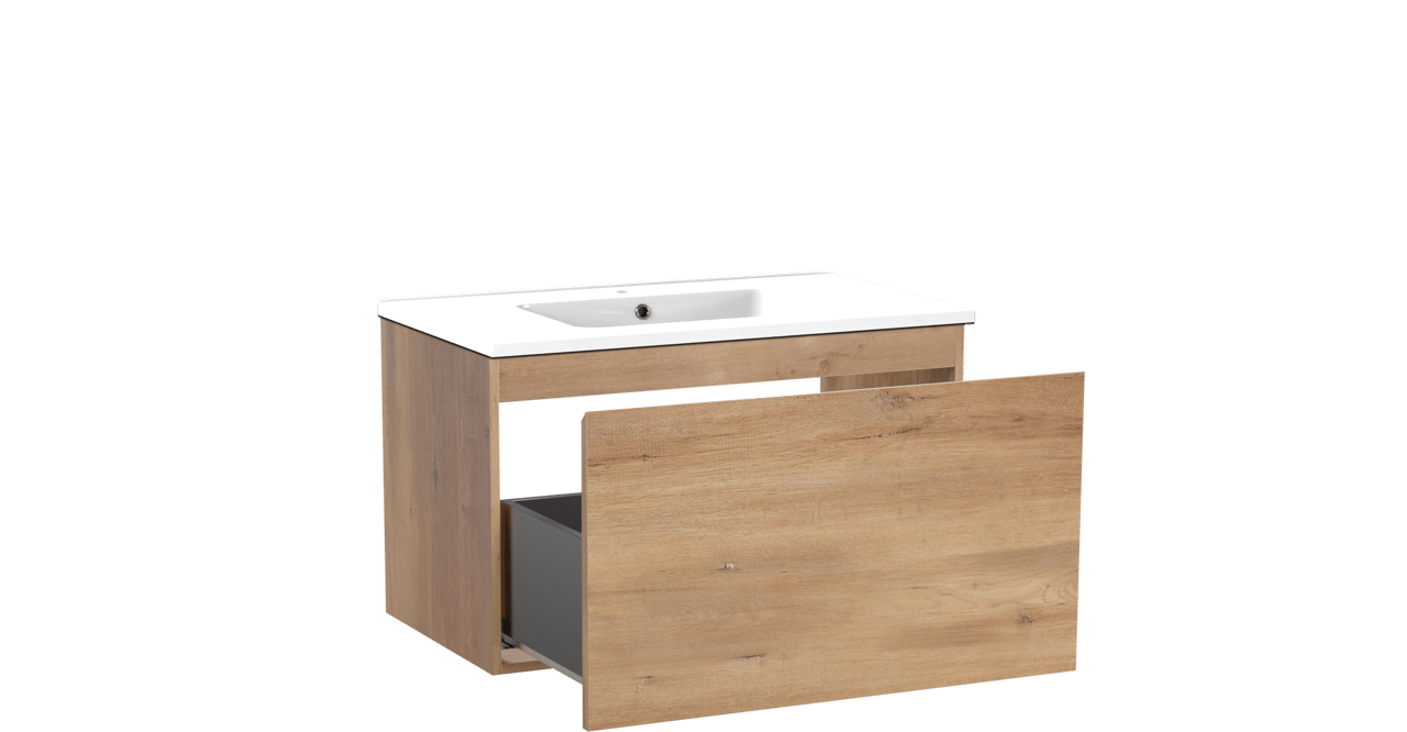 Linie Lado meuble salle de bains suspendu 80 x 46 cm chêne naturel avec Vano plan simple en marbre composite blanc brillant