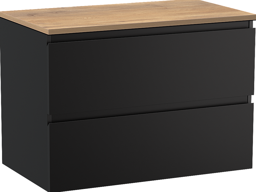 Linie Lado meuble salle de bains suspendu 80 x 46 cm noir mat avec Lado tablette simple en mélaminé chêne naturel