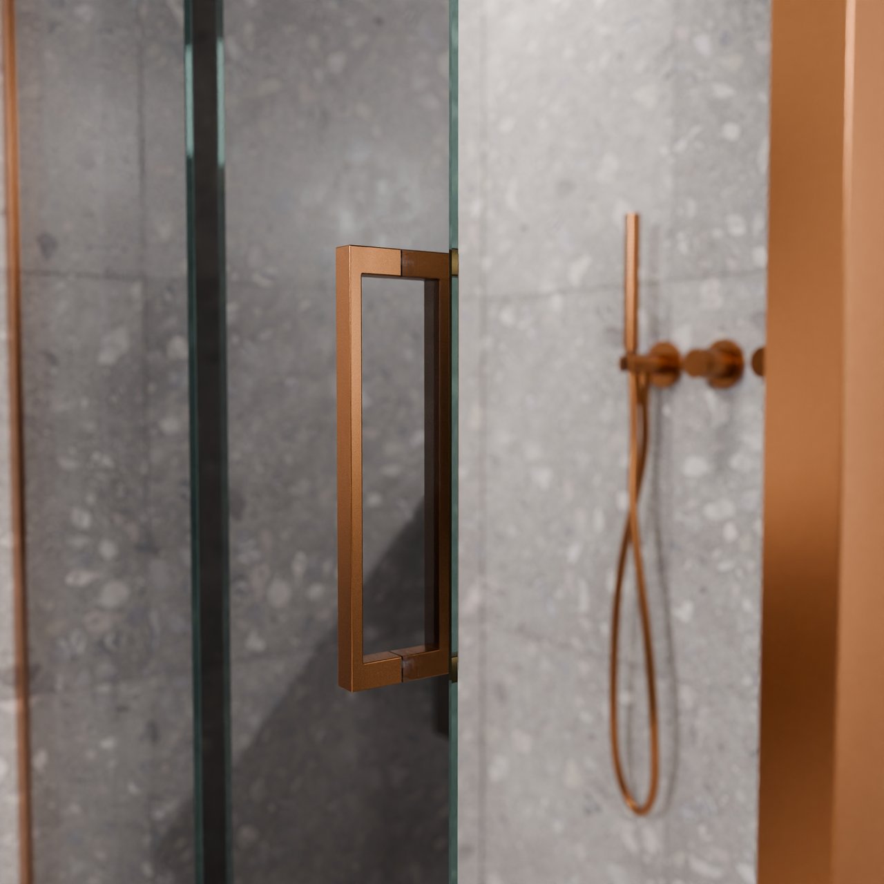 Balmani Senses Design douche en coin avec porte coulissante à gauche et paroi latérale fixe, 160 x 80 cm, Miroir Reflex, Profil Brushed Rosegold