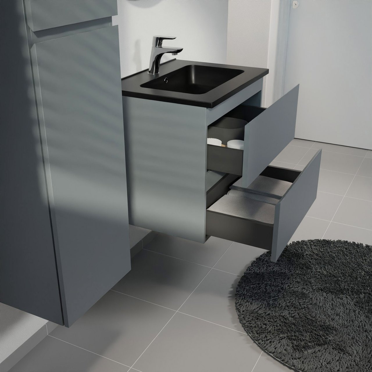 Linie Lado hängendes Möbelstück Set: 60 x 46 cm, Anthrazitblau, mit Vano Einzelwaschtisch, Marmorkomposit Schwarz matt