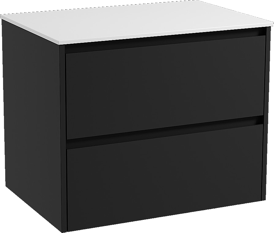 Storke Seda hängendes Möbelstück Set: 75 x 52 cm, Schwarz matt, mit Tavola Einzel Waschtischplatte, Solid Surface Weiß matt