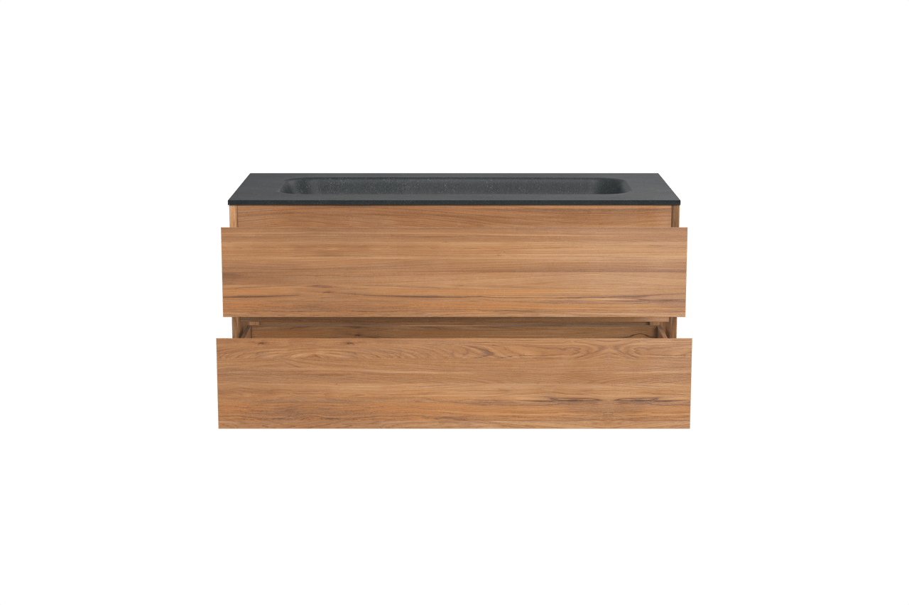 Balmani Mitra hängendes Möbelstück Set: 120 x 55 cm, Teak, mit Tablo Arcato Einzelwaschtisch für 2 Armaturenlöcher, Schwarzes Granit