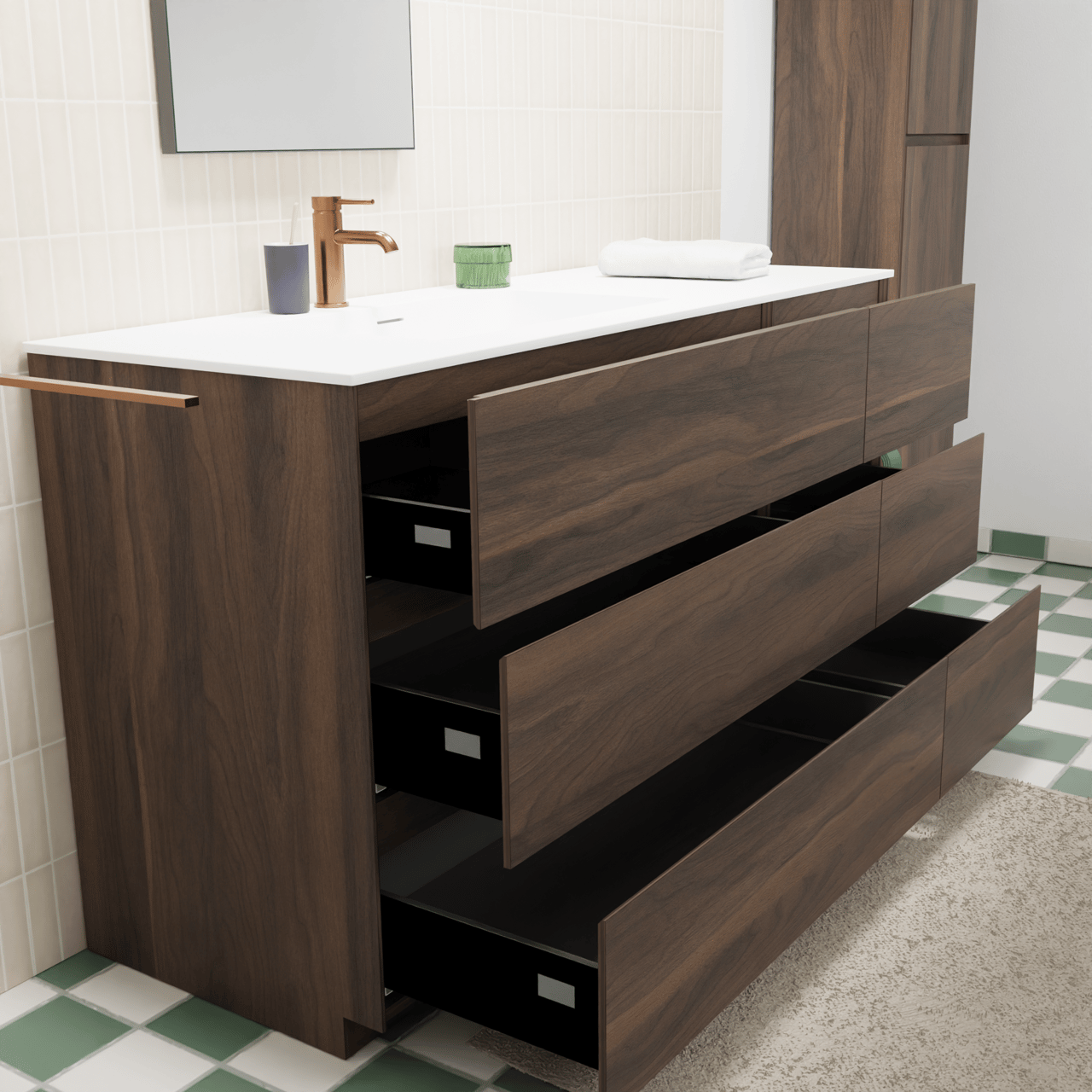 Storke Edge freistehendes Möbelstück Set: 140 x 52 cm, Nussbaum, mit Mata Waschtisch links, Solid Surface Weiß matt