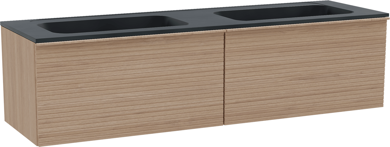 Balmani Forma hängendes Möbelstück Set: 180 x 55 cm, Naturbelassene Eiche, mit Tablo Strada Doppelwaschtisch, Marmorkomposit, Schwarz matt, Horizontale symmetrische gerade Rippe