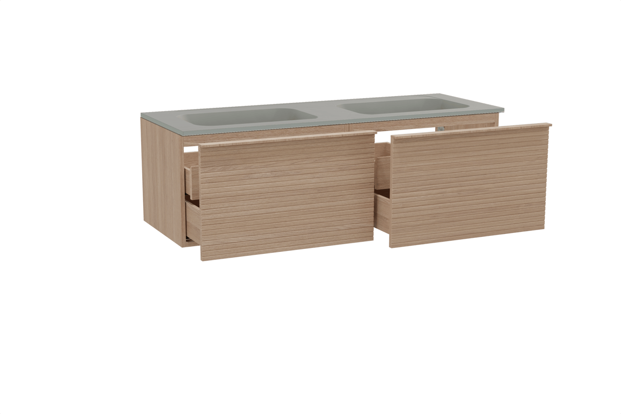 Balmani Forma meuble salle de bains suspendu 150 x 55 cm chêne naturel avec Tablo Strada double vasque en marbre composite soie grise, Nervure droite symétrique horizontale