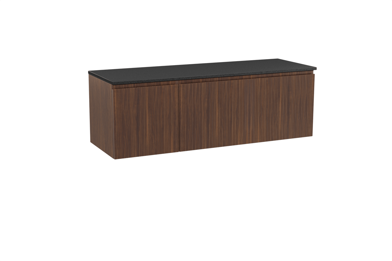 Storke Ribs zwevend badmeubel 150 x 52 cm notenhout met Panton enkel of dubbel wastafelblad in gepoedercoate mdf mat zwart, Verticale symmetrische rechte ribbel