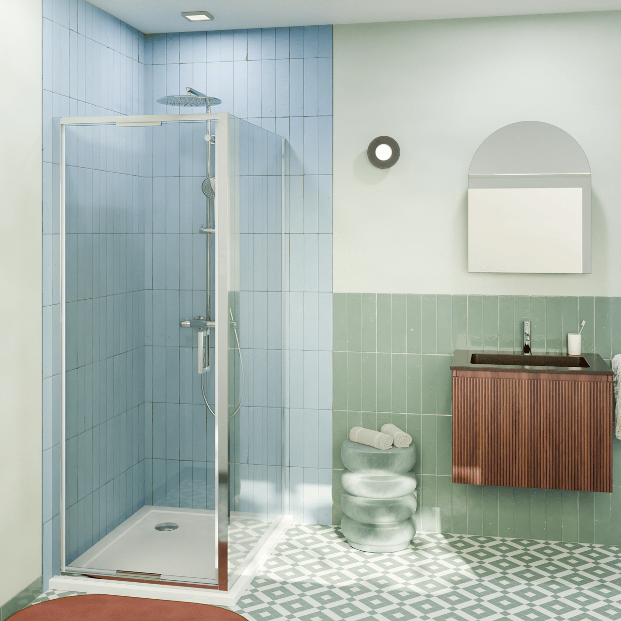 Luca Varess Vidor In Eckdusche: Drehtür und fixierte, Seitenwand, 80 x 90 cm, Klarglas, Chrom Profil, glänzend